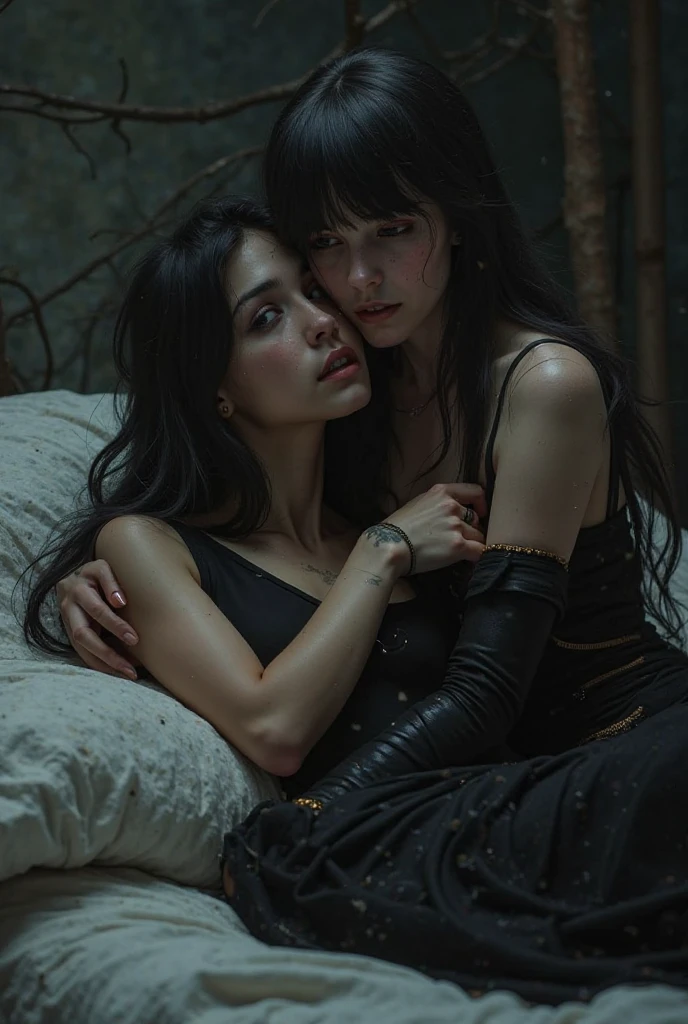 Beautiful 20 year old woman and her man ,making love with a man, large , with short messy wavy black hair, wearing a red corset with black accents and large black cloak, (( fine detailed five fingers long black gloves)) on her knees to the ground, (( doing hard sexual penetration from behind in a foggy cemetery at night )), ((the photo is a picture of a woman and a man doing sex ))(red lipstick:1.5), realistic skin texture, (cross necklace:1.2), (eyes closed:1.3), (Zentangle and Gothic Art:1.4), photo realistic, 8k