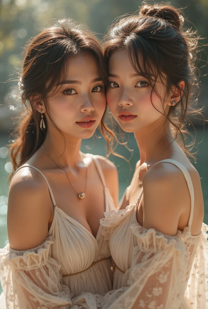 (two young girls:1.3), (Ultra realistic, High resolution), (highly detailed eyes, highly detailed hair, highly detailed face, Highly detailed plump lips), (off shoulder), chest, Upper body, looking for a smile, (highest quality:1.4), RAW photo, (realistic, photo-realistic:1.37), professional photography, cinematic light, twilight, golden hour, Backlight, Depth of the bounds written,