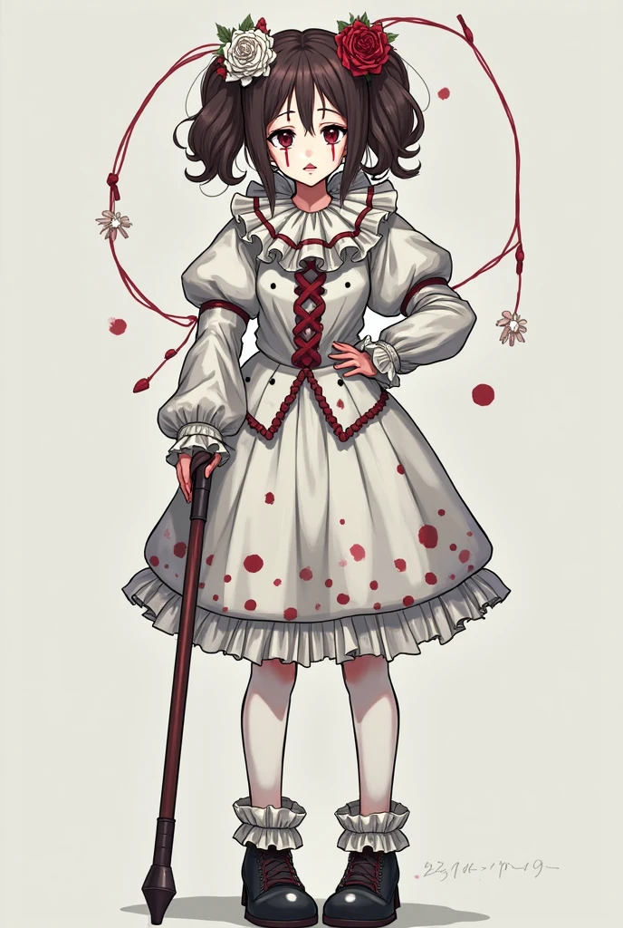 maam, White hair, red day of the dead dress, ((pee stains)), worry, Permanent