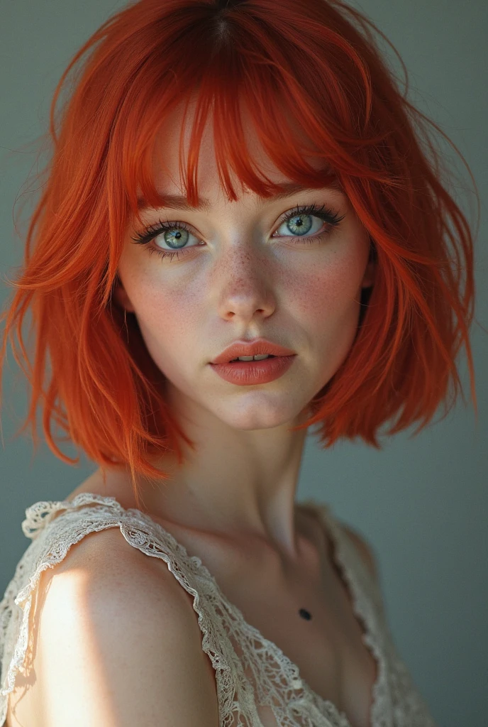 Extremely beautiful 14yo girl ,highly clear face,in a bedroom,very cute,phenomenal aesthetic,Amazing photos,Cinematic Lighting,Clear perfect eyes, ginger chin length bob hairstyle,bokeh,Sexy self-confidence,proud and independent,NSFW,flowing light and colorful colors, wearing transparent lingerie, facing camera, full-body shot, silk transparent lingerie 