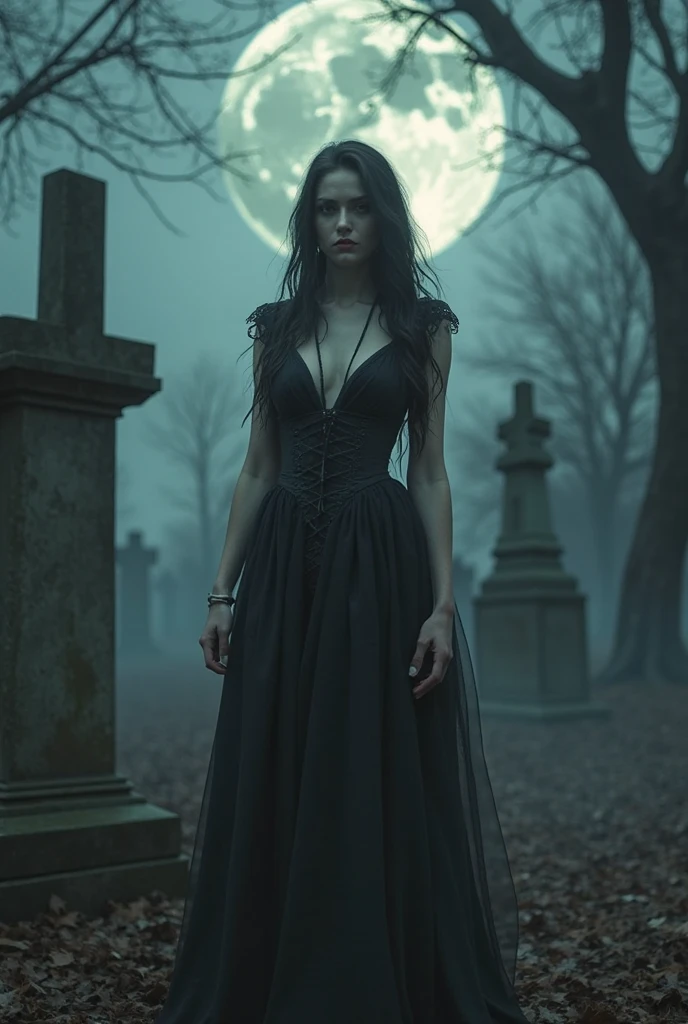 "Create an image of Wednesday Addams from the Addams Family, walking through a dark, eerie cemetery at night. The scene is dimly lit by a crescent moon, casting long shadows over the gravestones. Wednesday is dressed in a gothic, yet sexy outfit, with a black lace dress that is form-fitting and slightly off-shoulder. Her long braids are styled neatly, and her expression is serious and intense. The background should include ancient, weathered tombstones and twisted, leafless trees. The overall atmosphere should be dark, mysterious, and slightly ominous."