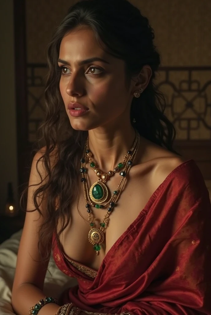 close-up RAW Portrait shot, photograph, androgynous human, oval jaw, delicate features, beautiful face, dark hair, (big bun:0.7), long bangs, hairband, long ponytail, bright blue-green eyes, (royal blue silk sari:1.yo stunning beautiful woman, (golden luxurious diadem with intricate details, gem:1.3), intricate details, skin texture, natural skin pores, dark dramatic studio lighting, cinematic shot,tan, dark olive skin, symetrical face, lascivious looking at viewer, parted lips, full lips, smokey eyes, bun pillow, elaborate hairstyle, dark lips, standing inside a hindu temple mith intricate ornament Big boob busty ,tit ,no bra,without cloths