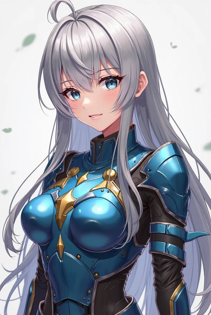 close up shot of a woman in a silver and blue dress, silver armor, large breasts, cleavage, chengwei pan on artstation, by Yang J, detailed fantasy art, stunning character art, smile
