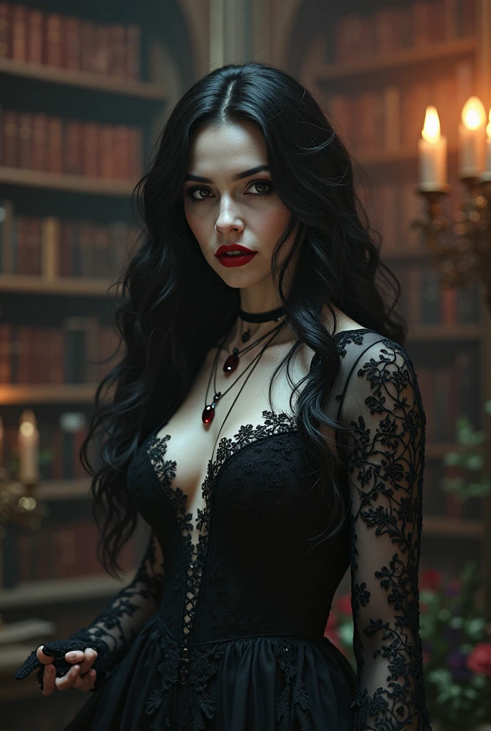 A hauntingly beautiful portrait of a young gothic woman seated gracefully on an antique red velvet chair, her ethereal presence captivating and otherworldly. The composition is masterfully crafted using the artistry of fine art photography, with a cinematic ambiance brought to life through the subtle grain of a 35mm panavision lens. This striking image exudes depth and detail, evoking a blend of melancholy and enchantment.
Her piercing emerald green eyes dominate the frame, glowing like jewels against the pale porcelain tone of her flawless skin. Heavy, dramatic makeup emphasizes her dark aesthetic, with bold, smoky eyeliner extending into sharp lines that frame her eyes, and rich, blood-red lipstick contrasting vividly against her pale complexion. Delicate streaks of shadow-like makeup cascade from her lower eyelids, creating an artistic and eerie tear-like effect.
Her long, jet-black hair falls in damp, wispy strands, framing her angular face, while intricate, braided black floral crowns sit atop her head, adding a regal yet mournful touch. The woman's attire is a masterpiece of gothic fashion: a flowing black lace gown adorned with ornate embroidery and faint silver accents, exuding timeless elegance. The dressâs fitted bodice is secured with a row of tiny black buttons, emphasizing her slender figure. The semi-sheer lace sleeves, covering her arms down to the wrists, are delicately embroidered and blend seamlessly with her lace gloves, which add a refined and dramatic flair to her ensemble. Around her neck rests an ornate black choker, adorned with an intricate green gem that echoes the intensity of her gaze.
The background is soft and out of focus, hinting at an ornate Victorian parlor with warm wooden tones and faintly visible floral patterns on the walls, creating a moody and intimate setting. The muted lighting cascades gently across her figure, casting soft shadows and creating a harmonious balance between light and dark. The red velvet of the chair on which she sits provides a stark contrast to her black attire, drawing the eye to her poised and elegant demeanor. The subtle grain enhances the texture of the scene, lending the image a nostalgic, tactile quality reminiscent of classic gothic cinema.
The low angle of the shot captures the intricate details of her lace gown and the delicate posture of her hands, resting lightly on her lap. The entire scene evokes an air of mystery, timeless beauty, and quiet power, as though the viewer is gazing into a painting brought vividly to life. The cinematic quality of the lighting and composition further heightens the emotional resonance of the portrait, ensuring it lingers in the mind long after the moment has passed. <lora:The_Body:1.0>