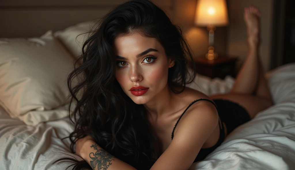 a beautiful young woman with an athletic physique and accentuated curves, with straight dark hair, posing in a hotel room, beautiful detailed eyes, beautiful detailed lips, extremely detailed face, long eyelashes, beautiful curvy body, athletic fit, cinematic lighting, high contrast, chiaroscuro lighting, dramatic atmosphere, moody lighting, dramatic shadows, editorial style, fashion photography, high-end photography, glamour photography, sensual portrait