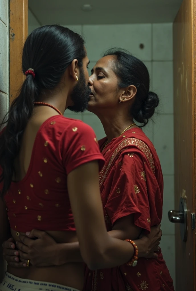 Pale skin black bun hair ugliest fat Kurdish nude girl kissing a Indian man in room view from side full body