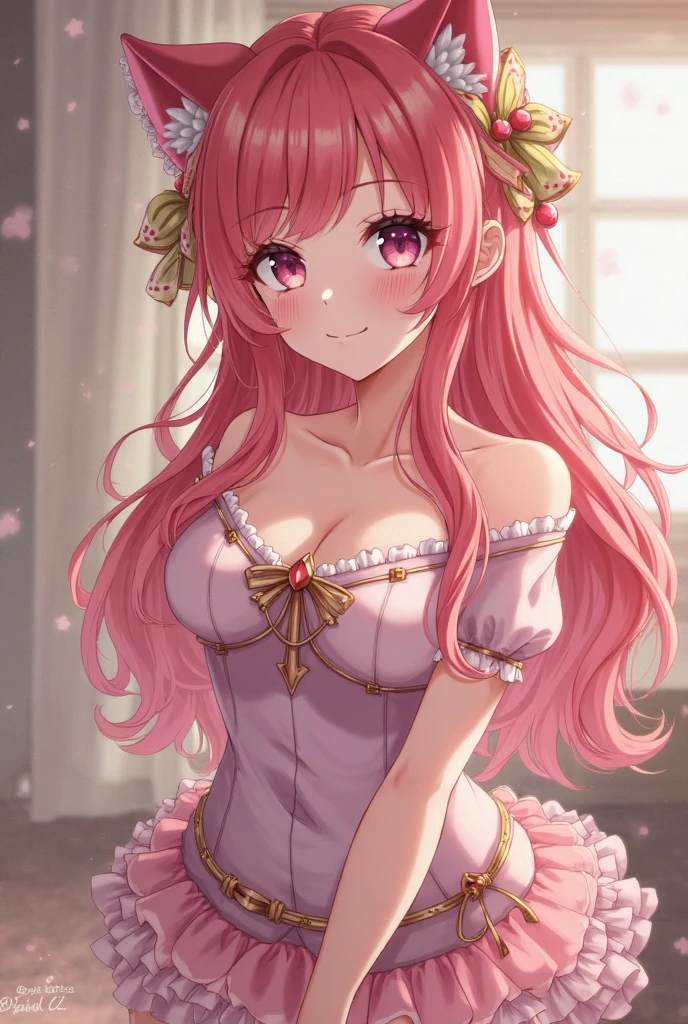 masterpiece, highest quality, Very detailed, High resolution, Expensive resolution, High resolution, 4K, 8k, unity 8k wallpaper, Very detailed CG, masterpiece, Realistic、 Beautiful details, depth, Fine texture, highest quality: 1.3, Total concentration, Crisp skin, he, Very cute anime, Cute like an idol, expensive pink long hair, One Girl, Aloha One Piece, morning, Breakfast, Hibiscus Hair Accessories, Smiling long pink hair, whole body, Mole under eye, Line Sight, expensive, blush, Lips parted, heart, Pink Eyes, choker