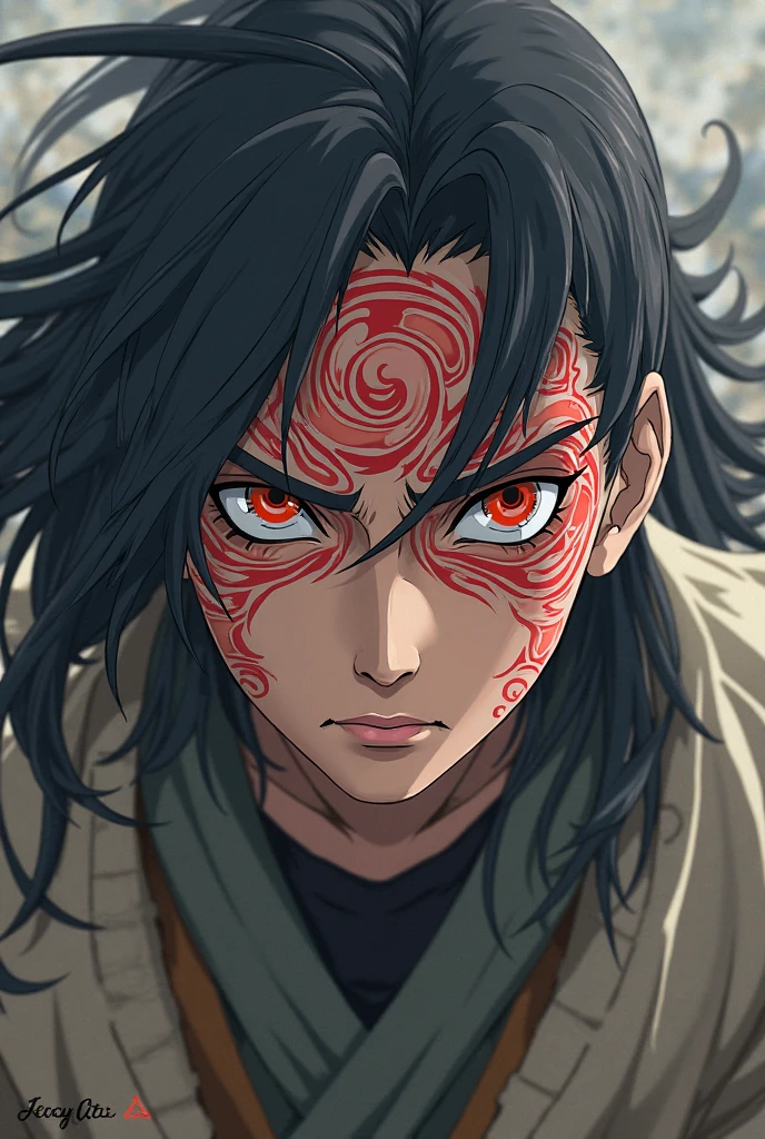 there is a woman with long hair and a black jacket, with his long black hair, with long hair, large eyes and flowing long hair, inspired by Jorge Jacinto, with long hair and piercing eyes, with long black hair, with long dark hair, young with long hair, taken in the early 2020s, zigor samaniego, peruvian lookingHD, (Best Detail), (Best Quality), Naruto Uzumaki, ((Ninja Headband))),