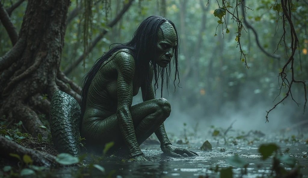 (((Masterpiece))) photo of a human-lizard hybrid, menacingly, lizard eyes, purple skin, escamas no corpo, big claws, swamp forest, high detail, 8k, ultra realistic
