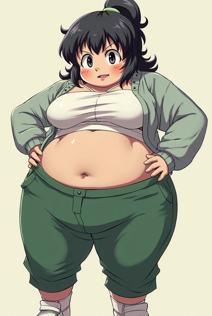 (masterpiece, best quality), 1girl, pan,1girl,solo,short hair,bangs,black hair,orange headband,black eyes, belt,crop top,red jacket,crop jacked,green shorts,turtleneck,bbw, plump, large belly, large breasts, large thighs, love handles, wide hips, weight gain,
