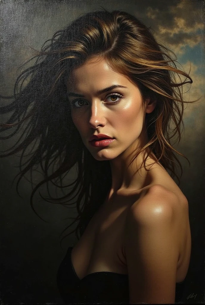 (8k, RAW photo, best quality, masterpiece:1.2), (realistic, photo-realistic:1.37) , 1girl, close-up, face view, no_clothes, natural, naked, detailed eyes, detailed small breasts, detailed ,
very beautiful sad young 18yo woman, long dark hair.
bottom-up view, magic in motion, cinematography,
dark colors, romanticism, style of artists such as,
Bernie Wrightson, Jarek Kubicki, Gabriele Dell' Otto, Darek Zabrocki, halftones background