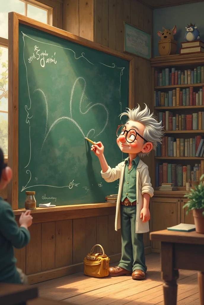 A Boy with Albert Einstein hairstyle standing in front of a blackboard with scientific formulas on the blackboard, Fantasy style
