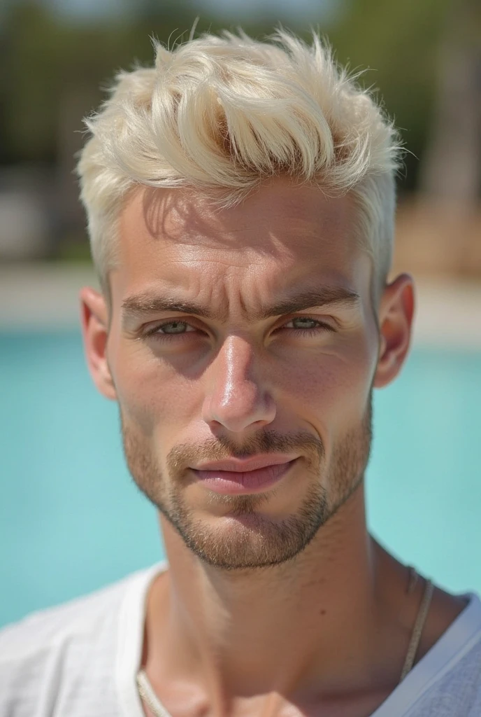 Actor Aaron Taylor Johnson with white hair in a pool in California.