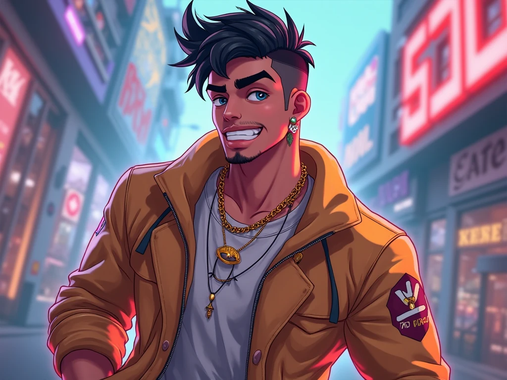 45 year old man(cobalt eyes; salt-and-pepper crew cut; rugged; muscular and imposing; incredible beard; masculine; round-faced, Kurt Russell), Disney-style cgi, night time neon-lit streets crime scene; futuristic; dystopian; best quality; high detail; trending on artstation; complex volumetric lighting; tank top; 80s action movie