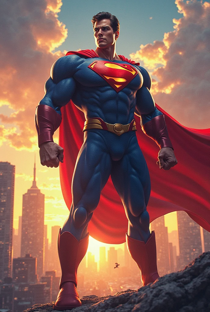 (full body), (Ryan Reynolds as Superman:1.25), (red cape), (((solo))), (Art by Jim Lee, & Zack Snyder) magnificent sky background, standing in front of  NYC skyline, dramatic, gorgeous, good anatomy, good proportions, hero pose, award winning, masterpiece, volumetric lighting, ((empty hands)), centered, (realistic oil painting:1.2),