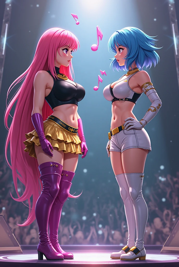 Masterpiece, super high quality anime style illustration, 8K, Samba Carnival in Rio de Janeiro. Very beautiful dancers 20 years old, two beautiful girls, dancing with smiles, blue eyes, pink lips, flashy and colorful costumes, revealing costumes, cleavage, belly button visible, attractive hips, cute buttocks, voluptuous thighs, beautiful legs.