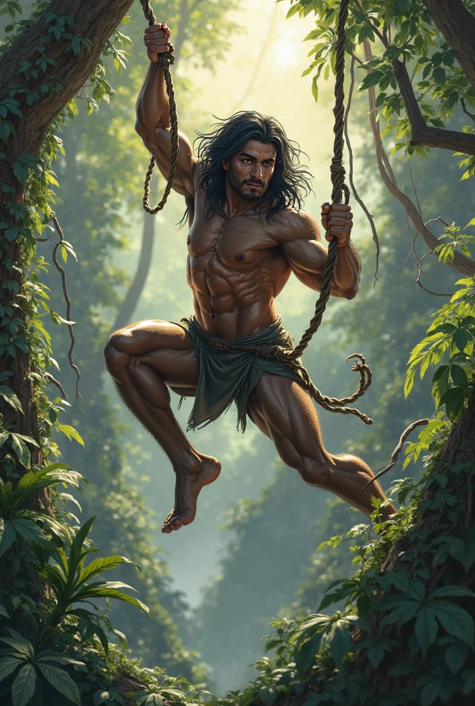 handsome young tarzan swinging through the jungle wearing only a small loincloth made from leaves, hyper muscular