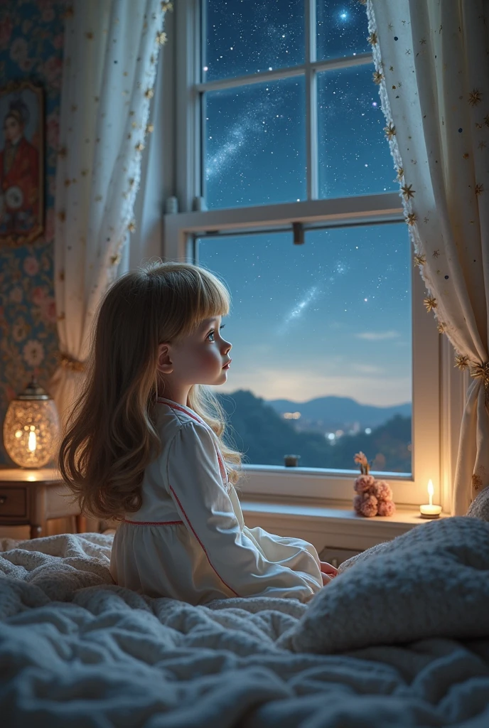 Little Johnnie, , blond, lying in his bed looking out the window at night a star shining in the sky more than usual