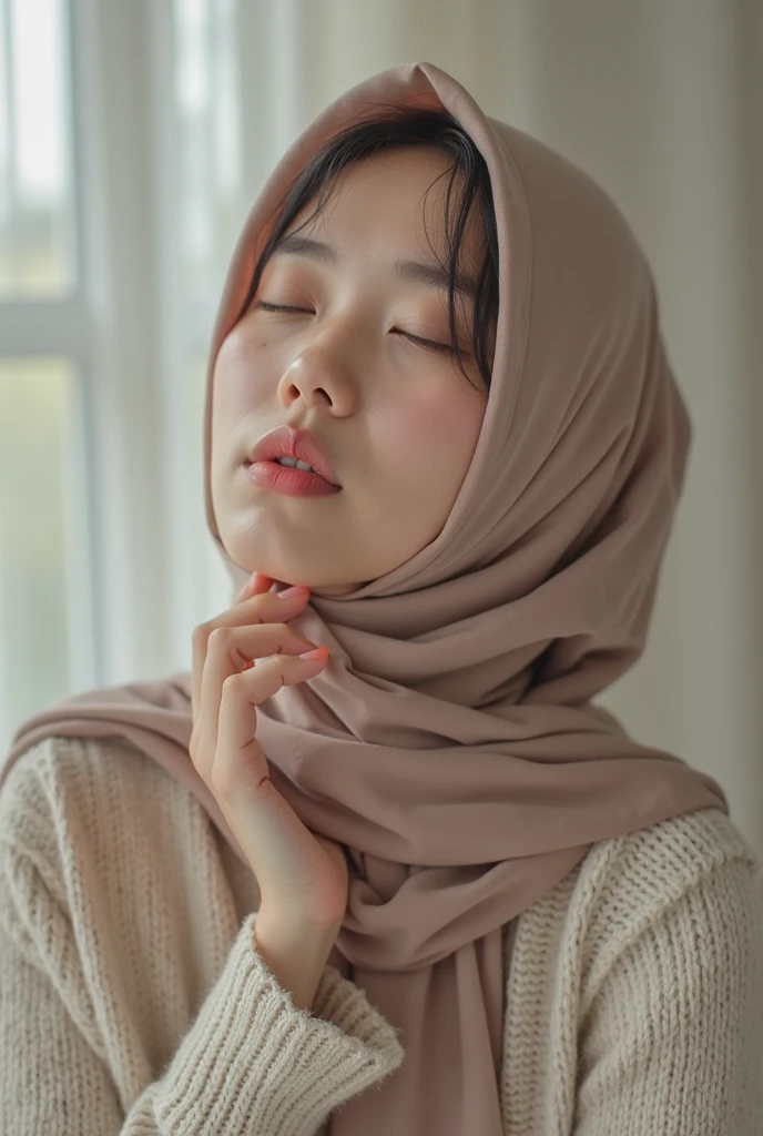 ((masterpiece:1.4, highres quality)), ((masterpiece, highest quality)), (photo-realistic:1.4), professional lighting, highly detailed eyes and face, Beautiful eyes in every detail, (beautiful Malay girl:1.3), face focus, From the back, wearing pink pastel hijab, 1 girl、eyes didn't look at the camera, profile, ((Winter clothes)), necklace, (pink pastel clothing), Eye color is dark brown, seductive lips, correct hand of human body, white wall, Taken in front of the white door, (white wall room with window)