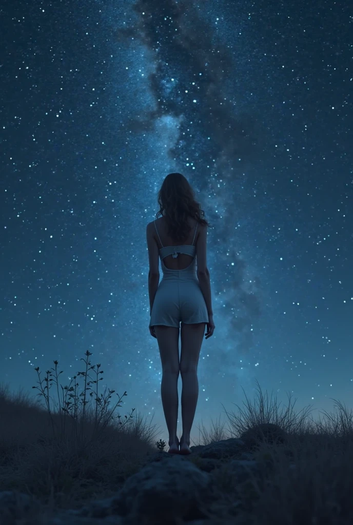 large window, full body, back, 1girl, (spread legs: 1.3), (transparent panties: 1.3), (standing: 1.1), (short hair: 1.4), (night, starry sky: 1.3), city, long_hair, sliding_doors, solo, hyper realistic, --auto --s2