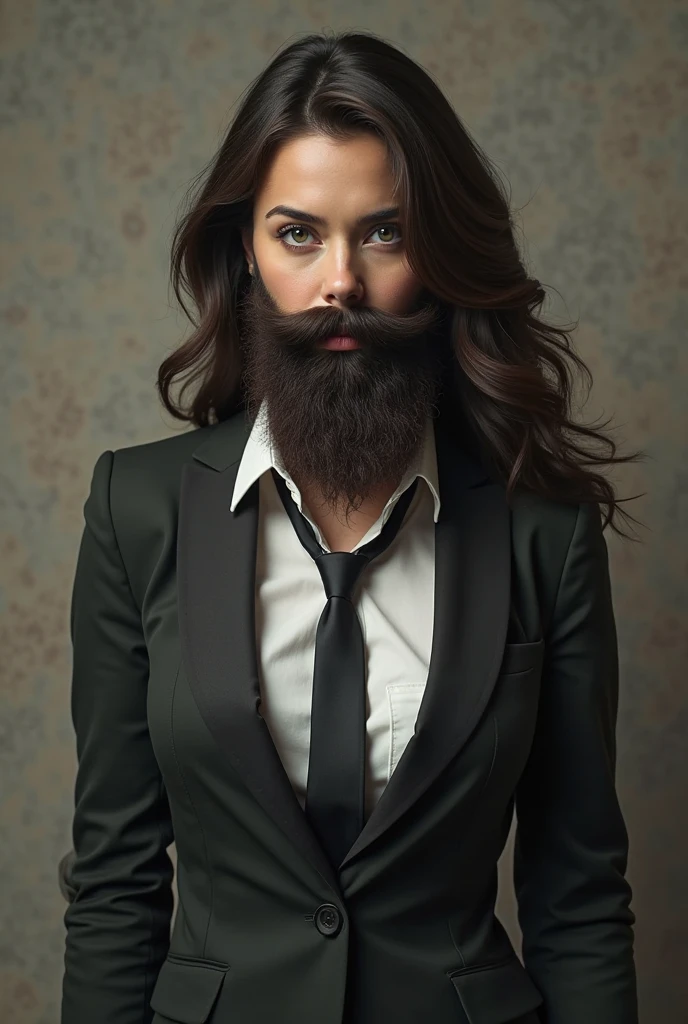 A girl with thin appearance, watch in hand, white shirt, half unbuttoned shirt, unbuttoned shirt sleeves, torn black pants, big hair, big beard and black sunglasses with mustache eyes, age about 17