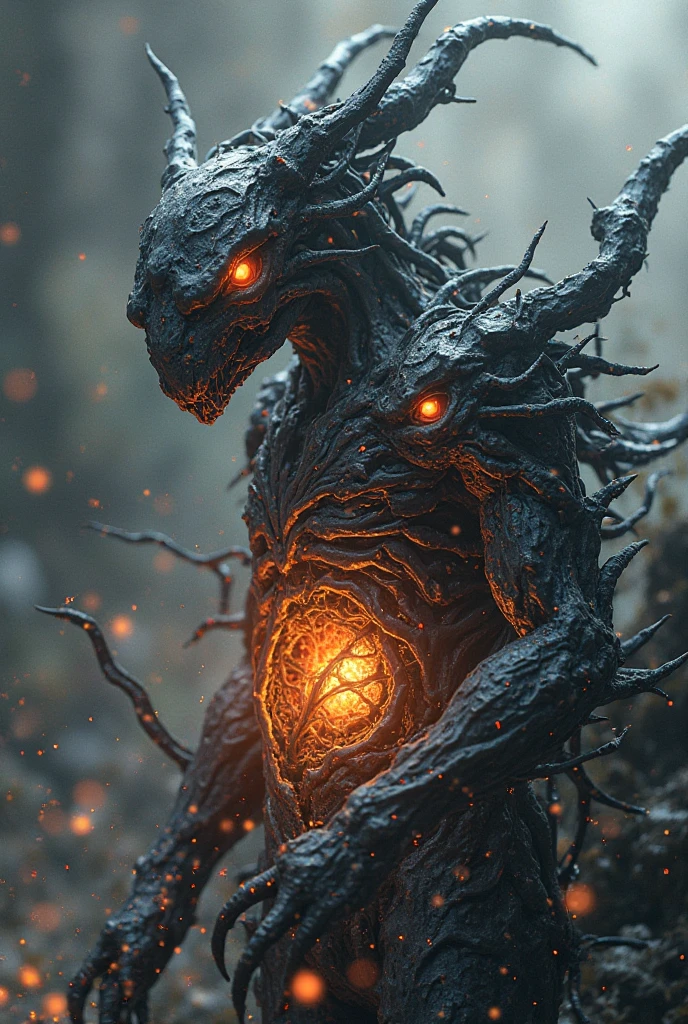 (Highest quality,4K,8K,High resolution,masterpiece:1.2), Very detailed, (Realistic,photoRealistic,photo-Realistic:1.37), white creature, Otherworldly, Lovecraft, Chitinous Skin, Bioluminescence Pattern, Dark Color Palette, Spooky lighting.(Browsing Caution:1.4), white, pink, orange, Very long and sharp red claws, Big Claws, Her body is bioluminescent. Moisturized Skin, (Extremely detailed and intricate skin patterns:1.2), (Translucent chitinous exoskeleton:1.3), (Very small waist:1.4), (Destroyed Anatomy:1.5), violent, erotic,5 water spirits, fire, darkness, Trees and Wind,The Five Spirits,King of Spirits,