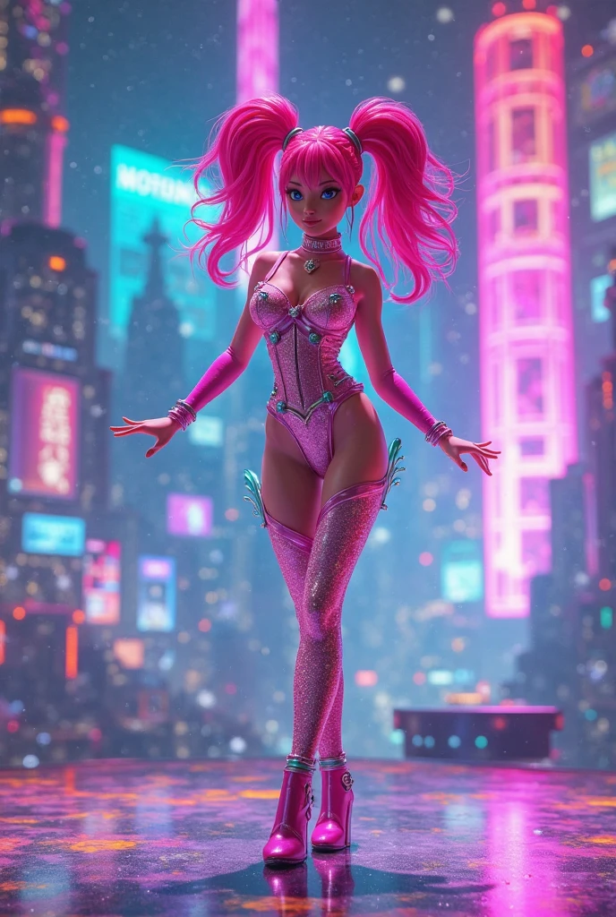 a girl, ((young girl)), slim, long pink hair in layered braids, vibrant pink hair. Blue eyes, long nose, round nose, (((detailed eyes))), round cheeks, full cheeks, youthful face, Soft jaw, round jaw, babyface, bright smile, happy. Wearing a ((dark blue)) and white play boy bunny outfit. Good eyes. (best quality,4k,8k,highres,masterpiece:1.2), night club dance floor background, people dancing in the background