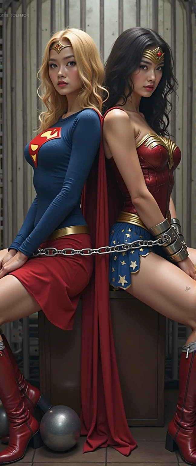SUPERGIRL slavery in a mechanical workshop. Bound with her arms above her head under a large metal frame. She yells and screams beg for mercy , bursts into tears.
Wearing a stoking fishnet and garter belt. Use a tick collar in her neck. Her body and swimsuit are smeared with grease. Ashamed. She is helplessly bound by her wrists and ankles with chains.
