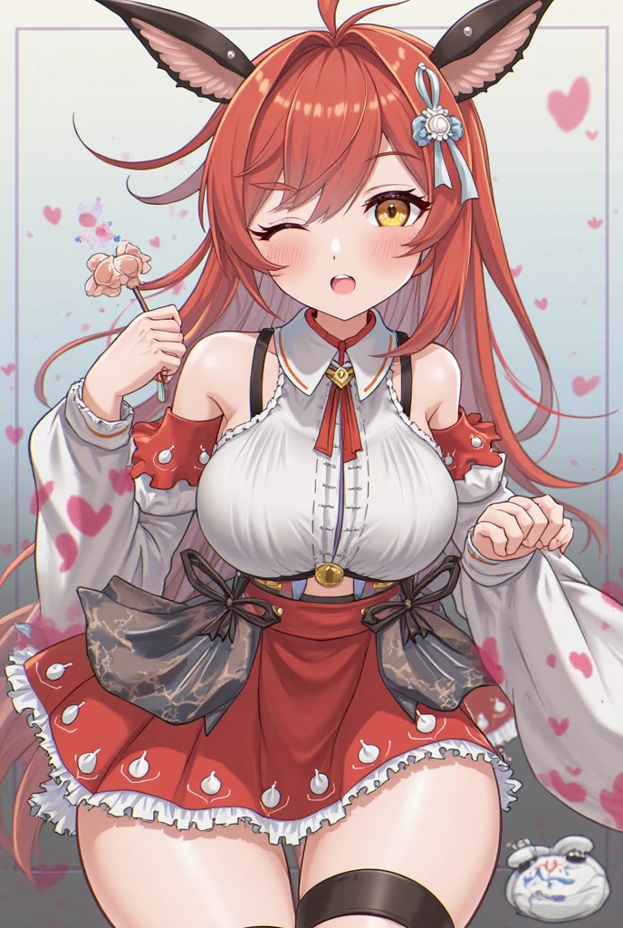 NSFW,bared chest,Revealing clothes,Uma Musume's Nishino Flower,Uma Musume,Nishino flower,Red headband,Big horse ears,Cute horse tail,doress,small tits,flat breast,Smile with open mouth,florals,red blush,Shy face,Top image quality,Best Quality