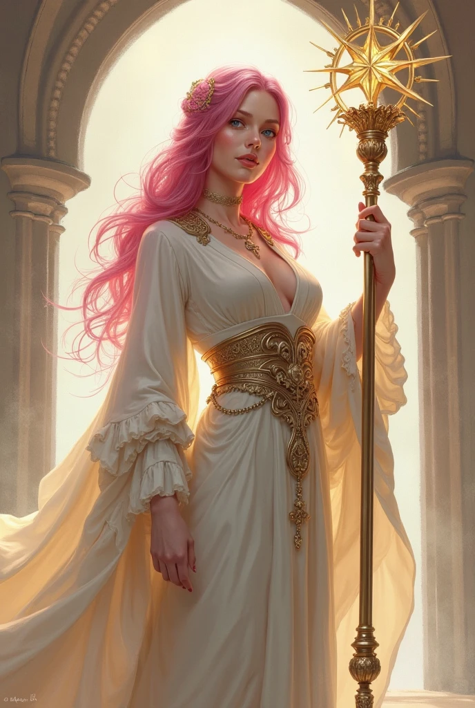 In the grand throne room of an Egyptian palace, a goddess of unparalleled beauty and seduction stands with an air of regal authority. Her long, pink hair flows like silk over her shoulders, contrasting with the dark, polished marble and gold accents of the room. Her captivating blue eyes, glowing with an otherworldly light, draw the gaze of everyone present, commanding both awe and desire.She wears a sheer, transparent linen robe that clings to her flawless skin, its golden threads shimmering in the flickering torchlight. The robe is daringly cut, revealing a jeweled harness that accentuates her chest and hips. Thin golden chains drape seductively from her waist and legs, adding an erotic touch to her divine presence.Her bare feet, adorned with golden anklets, step gracefully across the marble floor, which is inlaid with intricate patterns of serpents and lotus flowers. Around her neck is a serpent choker with ruby eyes, symbolizing temptation and power. In her hand, she holds a golden scepter topped with a lotus flower, representing creation and rebirth.As she moves through the palace, her robe flows with each step, her presence radiating sensuality and control. The combination of her divine beauty, commanding gaze, and provocative attire makes her the embodiment of lust and seduction, captivating everyone in the room.