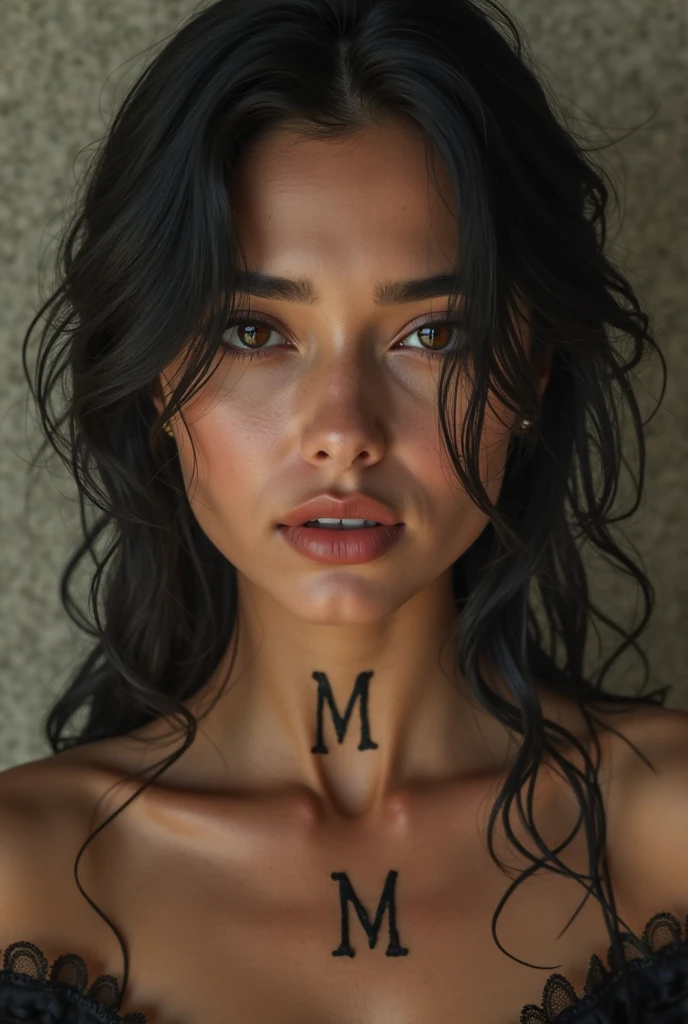 Create me a hot sexy attractive woman who has the name Memo tattooed