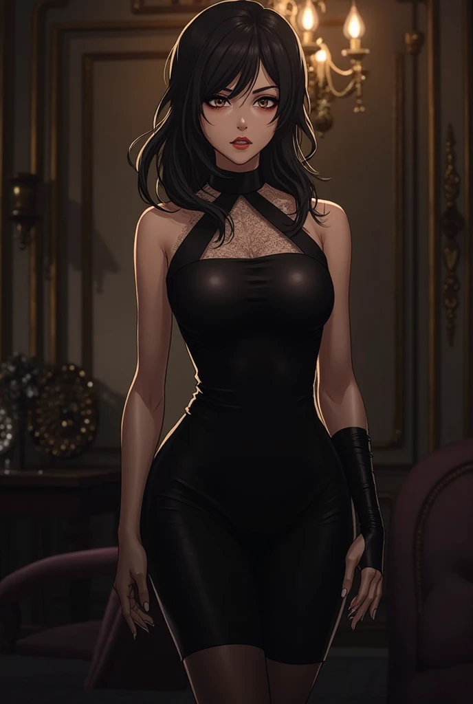 (masterpiece, best quality:1.2),((photoreal)),perfect ???????,solo, (1 middle age woman),Haman_Khan,((looking at viewer:1.4)),horizontal angle,((shoot from front:1.4)),((small soft breasts:1.4)),((soft Piutuary breasts:1.4)),((muscular:1.9),((do not hide your ??????)),((do not show your skin:1.4)),(cod lips),holding head high,((standing)),detailed hair,turtle neck black dress,(satin dress),silk dress,mermaid line dress,???? sleeves,long sleeve,juliet sleeves,high heel,sharp focus