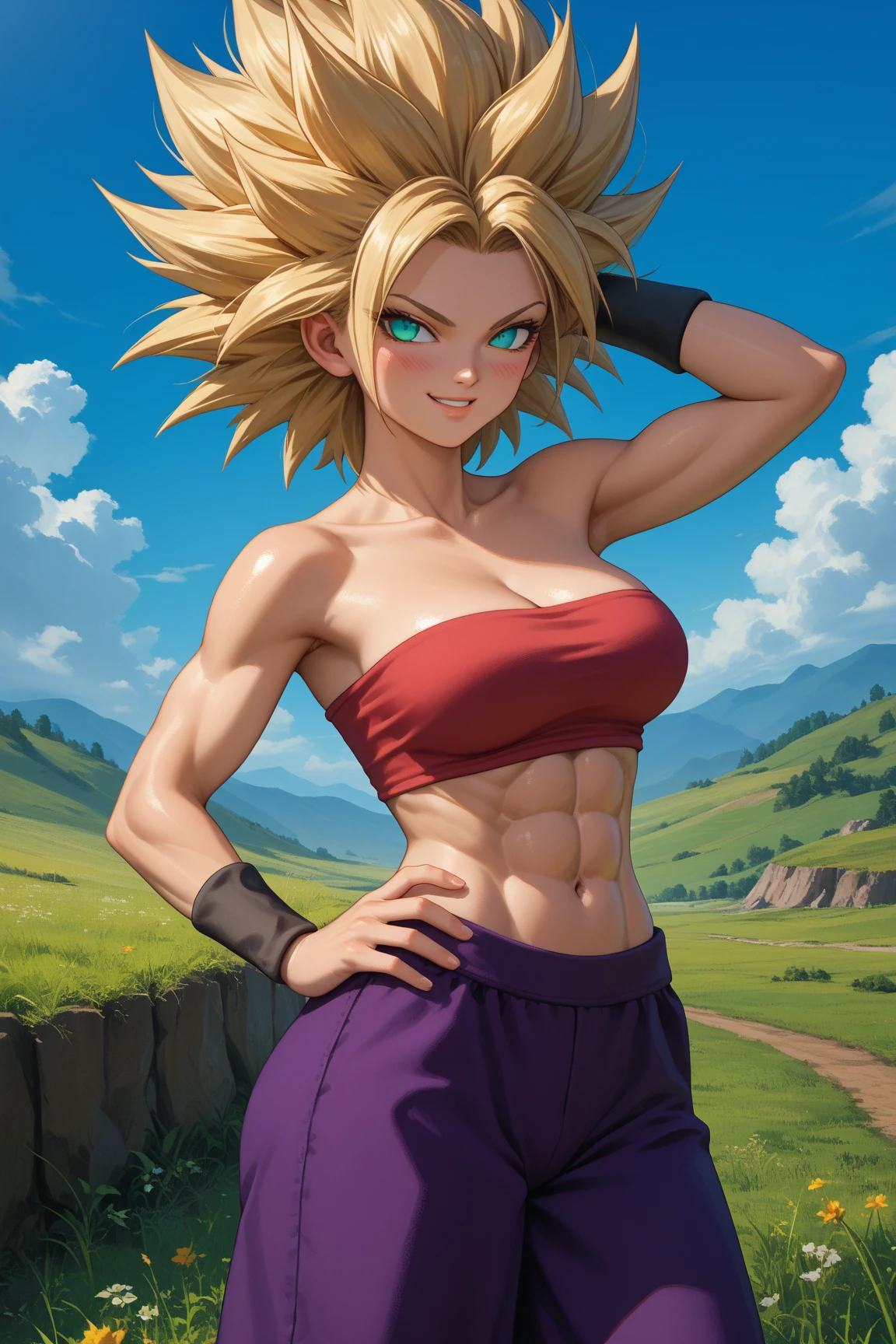 masterpiece, best quality, ssjcaulifla, blonde hair, aqua eyes, top underboobs medium breasts , black thong pantie , bracers, cowboy shot, looking at viewer, smile, furrowed brow, hands to hips, sky, clouds