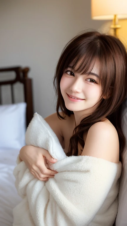 (8k, Top quality, Masterpiece:1.2), (Realistic, photo-realistic:1.37), Super detailed, perfect anatomy, cute, small eyes, 18 years old, a Japanese, girl, sitting on bed, smile, at night,