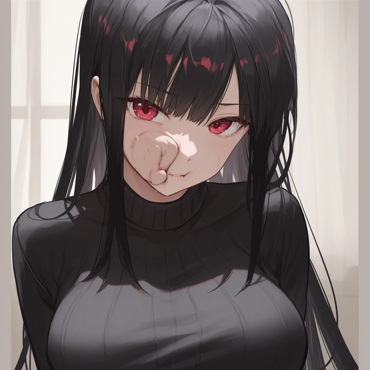 Girl with black hair tied in a ponytail having sex in semi-naked black lingerie with lace eyes, one black and one red