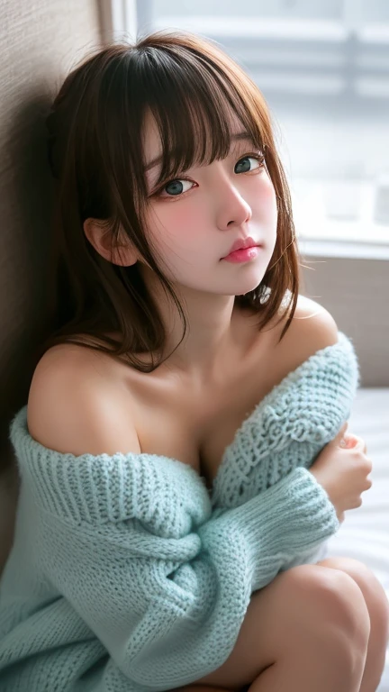1girl, japanese, smile, Looking at Viewer, (8k, RAW photo, best quality, masterpiece:1.2), (realistic, photo-realistic:1.4), (extremely detailed 8k wallpaper), sharp focus, depth of field, blur background, bokeh, cinematic lighting, soft light, break,
20 years old, break,
close up, (from above:1.5), (leaning forward:1.3), (hands on knees:1.3), break,
bbfumika, idolmaster, long hair, hairband, collarbone, necklace, cleavage, off-shoulder sweater, white sweater, red shawl, blue skirt, break,
outside, clear sky,