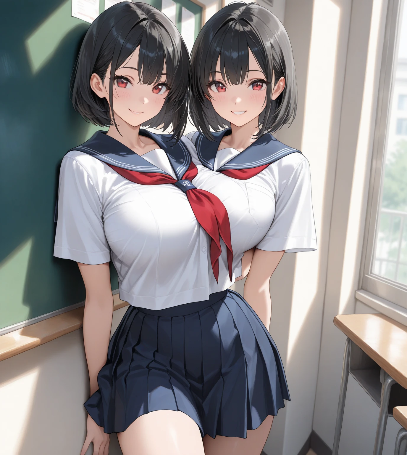 Highest quality、High resolution、Detailed Background、(Beautiful face in every detail:1.4)、Anatomically correct、(Detailed facial expressions)、
Teenage beauty、(Highly detailed face:1.2)、(Huge breasts:1.2)、cute hair color、Bobcut、ponytail、cute hairstyle、Attractive Big Butt、Perfect body line、well-groomed eyebrows、cute gesture、

(Two beautiful girls sitting at a desk in a classroom with big smiles:1.5)、

Navy blue sailor suit、White sailor collar、Pleated mini skirt、White Stockings、
Under the skirt、Under the skirt、(close-up underwear From below)、From below、Are standing、
Butt、Panty shot、(underboob:1.3)、(Panty Shot:1.3)、cute