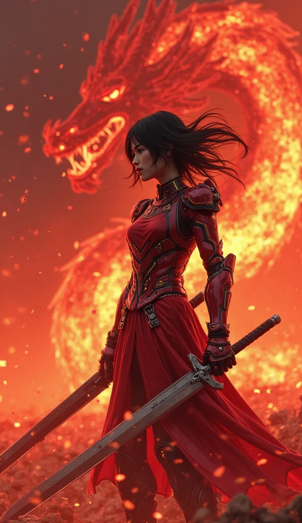 Woman, Black Hair, Fiery red eyes, Bloody Demonic Armor, Blood soaked Sword, Walking through Burning Village, At Night, in the Dark, Smoke, Shadows, Full Body