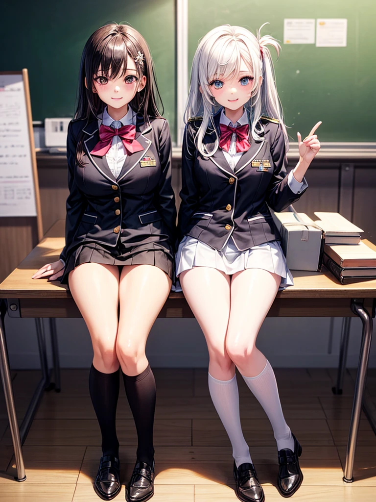 ((masterpiece, highest quality, High resolution, 超High resolution, Perfect Pixel, Depth of written boundary, 4K, RTTX 10.0, High resolution))), (Five adult women:1.3), Beautiful Anime Woman, Beautiful art style, Anime characters, ((Long Hair, bangs, Dark brown hair, Various hairstyles)), ((Beautiful eyelashes)), ((Detailed face, blushする:1.2)), ((Smooth texture, Realistic texture, Anime CG Style)), Perfect body, Slender body, Exact finger count、Exact number of legs、Exact number of arms, (blush:1), (The five women are standing side by side, lifting their skirts to greet the crowd.:1.2), ((Fashionable white shirt, Sailor collar, mini skirt, Knee-high socks, loafers: 1.2)), (Lift up your skirt yourself:1.1), Realistic, (Slender body:1.1), highest quality, High resolution, 非常にDetailed face, Perfect lighting, Extremely detailed CG, (Perfect hands, Perfect Anatomy), Embarrassed expression, (School classroom:1.3), Morning sun-like lighting, whole body, ((Stylish and sexy shiny satin panties, Stylish lace side-tie panties, All different color panties, White panties, Pink Panties, Light blue panties:1.2)), Angle from the front、(Beautiful and thin thighs:1.1)