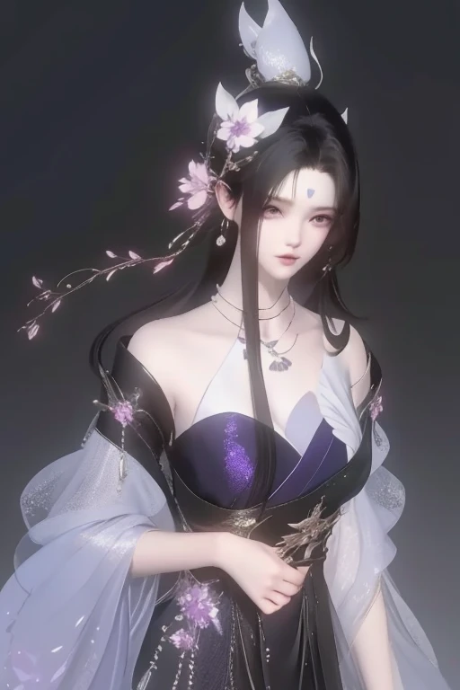 anime human woman. half-up long black hair. fair skin. purple eyes. gigantic boobs. Wuxia clothes. snowflake necklace. mauve lips. Realism style. 3D anime model style. CGI animation. Wuxia style.