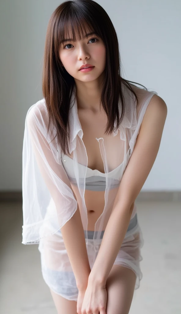 (masutepiece, Best Quality:1.4), Beautiful face, 8K, 85 mm, absurderes, head-on、((Dark bedroom in the hotel))、((Sitting on a chair:1.4))、((Raise your legs and open them:1.4))、((Raise your legs and bend your knees:1.4))、(((Wearing ultra-thin white chemise:1.4)))、Chemise gets wet with sweat and sticks to the skin、wetted skin、 ((cowboy  shot:1.5))、violaceaess, gardeniass,The Girl of、 (((fullnude:1.4)))、((No bra:1.4))、((Not wearing panties(:1.4)))、(((No Underwear:1.4)))、((Detailed female genitalia:1.4))、((Thin pubic hair grows:1.4))、((Beautiful udder:1.4))、Delicate girl, Solo、((Variety of hairstyles:1.4))、((Ribbon hair ornament:1.5))、Night, Looking at Viewer, Upper body, Film grain, chromatic abberation, Sharp Focus, face lights, Professional Lighting, Sophisticated, (troubled look:1.4), (Simple background, Bokeh background:1.2), Detail Face、see -through、Skin shows through、camel's toe