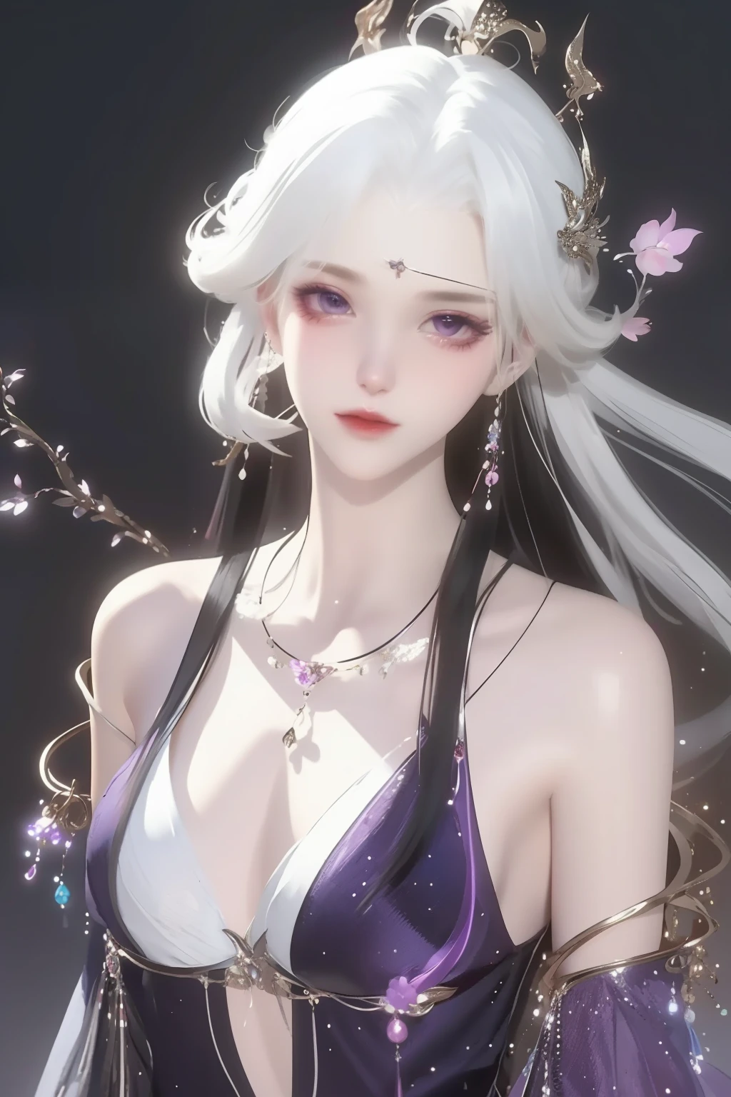 (masterpiece, top quality, 1 female, solo, exquisite details, chromatic aberration), (realistic), (skin), ((breathing)), (silver hair, blunt bangs, cropped straight long hair, short bangs, silver hair), beautiful hair, red headdress, highlights, hair on one eye, beautiful eyes, purple eyes, thick lips, earrings, piercing eyes, ((gold and white kimono)), ((symmetrical eyes)), ((perfectly symmetrical body)), ((perfectly symmetrical hands)), (purerosface_v1:0.3), full moon night, ((self, natural light))), bright lighting, flowers blooming in background, in front of viewer, ((central shot, from the front, (face and shoulders))), mysterious atmosphere, colorful flowers blooming around, bright colored background, shrine maiden in kimono, beautiful shrine maiden, Shrine maiden, fantasy female shrine maiden, female fortune telling shrine maiden, fantasy photography, Japanese style, elegant cinematic fantasy art, fantasy woman, sorceress portrait, powerful wizard surrounded by mystical colorful flowers, holding a glowing heart crystal ball, eyes glowing with mystical energy, spells leaking from her mouth, vibrant sorcery vortexes pulsating with rainbow hues appear in the air, magic permeates, flowers bloom, sacred creatures gaze in awe, threads of magical energy dance, reveal hidden realms, unravel secrets, capture the essence of this enchanting moment and bring to life the mystical power of sorcery on a canvas of the highest quality and finest detail. Top quality, masterpiece, ultra high resolution, (photorealistic: 1.4), RAW photo, sharp focus, high resolution, detailed skin.
Flowers blooming all around, bright colored background, fortune teller in kimono, beautiful fortune teller, fortune teller, fantasy female fortune teller, female fortune teller, fantasy photography, Japanese style, fortune teller in kimono, elegant cinematic fantasy art, fantasy woman, magician portrait, fortune teller, powerful wizard surrounded by mystical colorful flowers, holding a glowing heart c