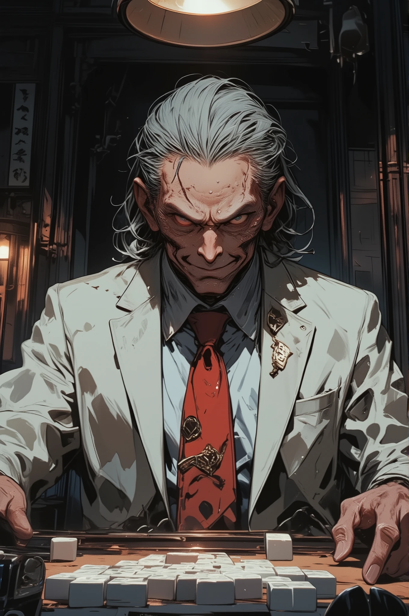 photorealistic cinematic portrait of an elderly man playing mahjong, inspired by Washizu Iwao, wearing a tailored white suit with a red tie, slicked-back gray hair, deep wrinkles and cold, calculating eyes, calm expression with a slight smirk, seated at a traditional mahjong table under a dim overhead lamp, hand extended to place a tile, white tiles on the table in sharp focus, dark wood-paneled room with luxurious yet oppressive atmosphere, high-detail lighting and shadows, intense psychological tension without supernatural elements