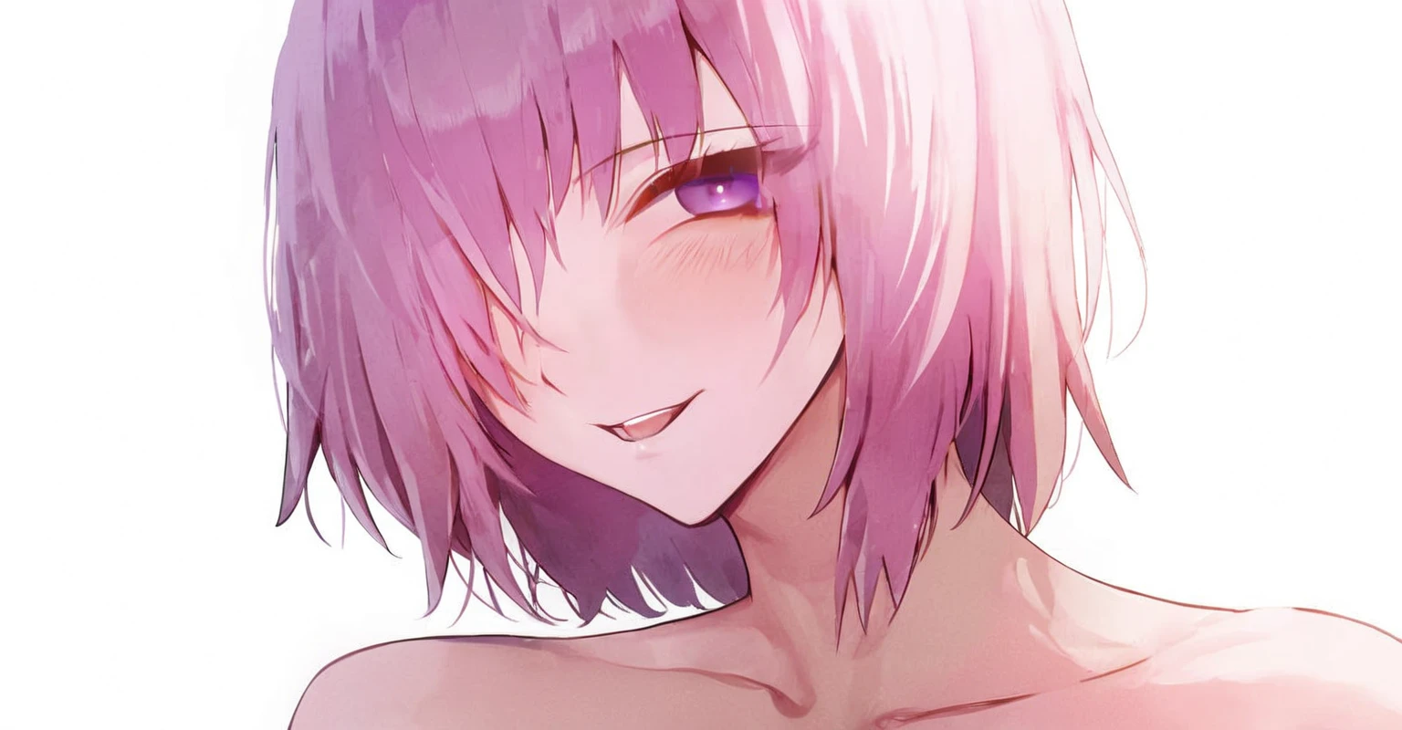 ahegao、Ultra-detailed illustrations、Ultra-precise expression、masterpiece、Highest quality、ultra High resolution、High resolution、Hiromitsu Takeda Style、White background、Simple Background、Mash Kyrielight、light purple hair,short hair,hair over one eyes、Completely naked、Open your mouth、tongue、White Breath、Sweat、Glowing Skin、shiny skin、