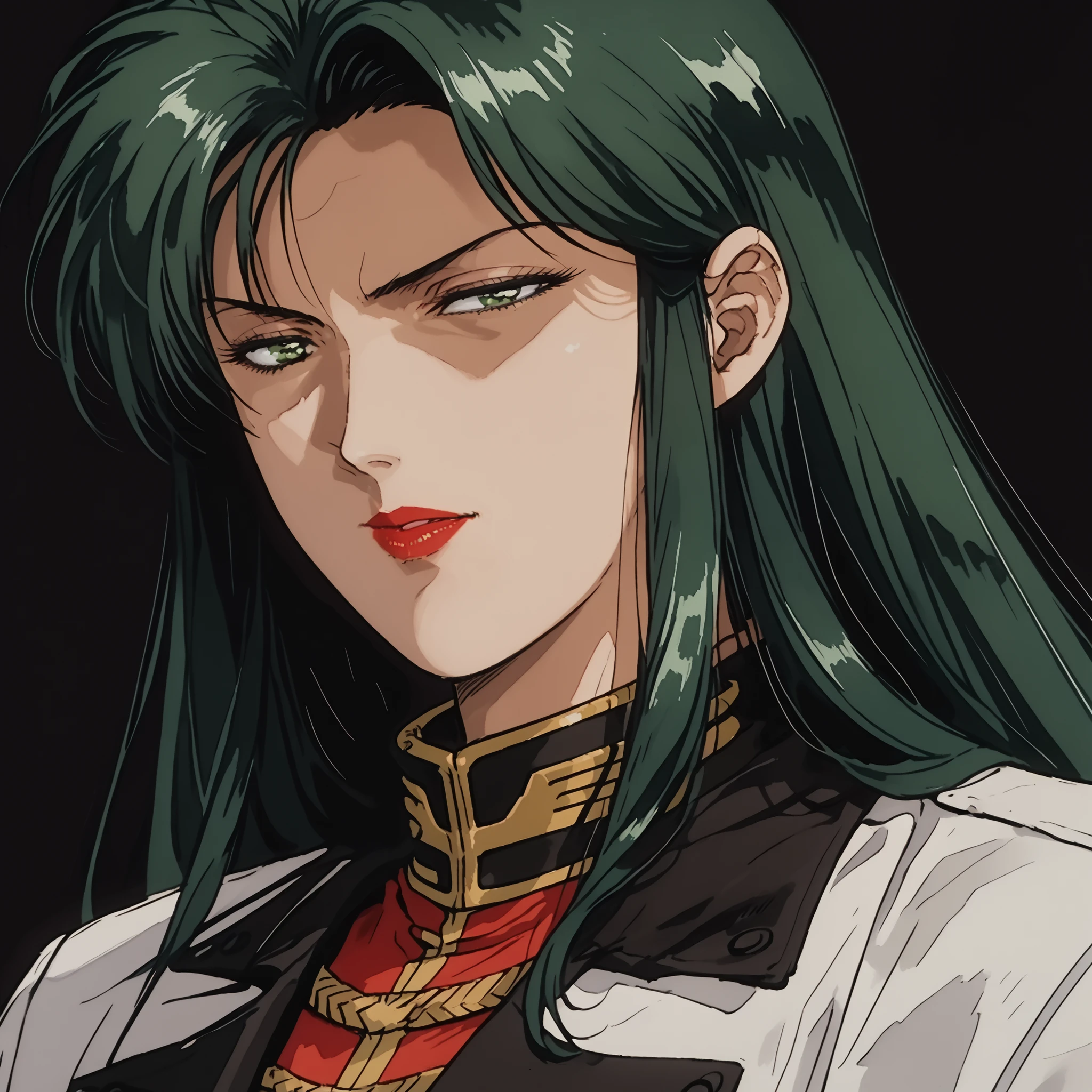 score_9, score_8_up, score_7_up,solo, source_anime, anime screencap, anime coloring,
CimaGarahau, long hair, green hair, lipstick, green eyes, detail eyes,cape, military uniform, black gloves, hand fan , red lips,((portrait,watercolor style,sketch)),black Background