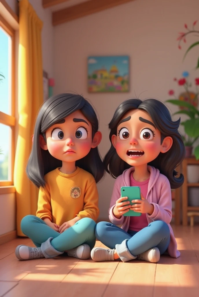 two Indonesian sisters. The older is 20 years old, the younger is . Both are busy with their gadget. Their mother is nearby look upset with them, Caricature 3D,
