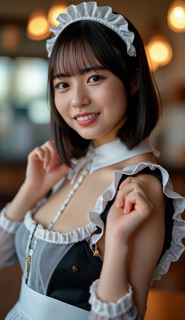 (surrealism, Raw photo, NIKON, 8K, Super Detail, masutepiece, high details, Intricate details, Super Detailed, Realistic lighting), 
(Anatomically correct, High-precision human body, Highly detailed face, Realistic skin, realistic depiction of characters), 
(16 years old, Japanese younger sister, Japanese high school  girl, slim waist and busty body, Baby face, Sister Girl, Affectionate and cute, Cute Girl, Surreal Girl), 
(Round face, Black hair, Short bob cut, see-through bangs, Lowered eyebrows毛, Troubled eyebrows, Lowered eyebrows, Moist eyes, 1 small earring, Light blush), 
(Welcome viewers, Serve customers, entertain customers), 
(Elegant smile, Lovely smile), 
(Pink Maid Costume, frilled miniskirt, Head dress, head rest, long sleeve ruffle shirt), 
(cafes, restaurant), 
Natural lighting, full length, Whole body