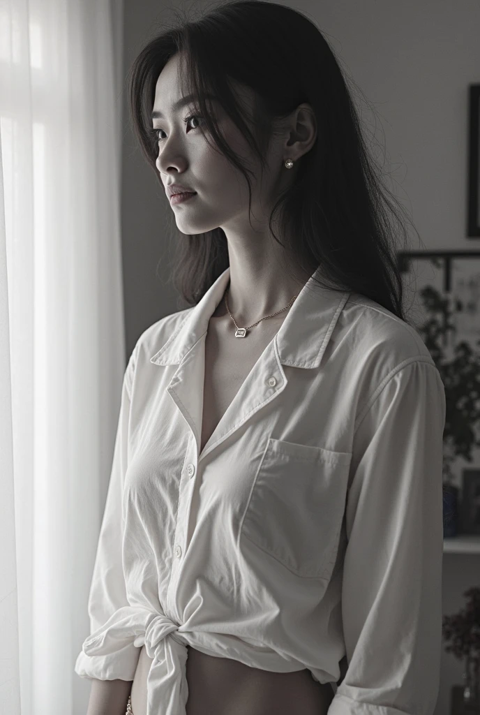16 thousand., Hyper realistic quality, masterpiece, 1 girl, Chinese, The girl looks like Linda Evangelista in her youth, ((portrait)), Slim Anerexic model, long straight dark hair, Hair development, girl sitting, looks straight at us, black undershirt, sleeves rolled up, v-neck, ethnic jewelry hanging on the neck, White studio photography, fashion photography, soft shadows, Monochrome Photography, grainy, photographic quality, cinematic quality.