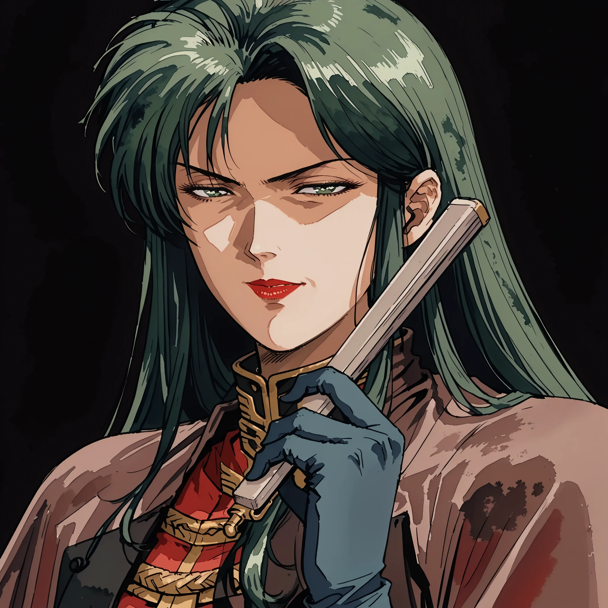 score_9, score_8_up, score_7_up,solo, source_anime, anime screencap, anime coloring,
CimaGarahau, long hair, green hair, lipstick, green eyes, detail eyes,cape, military uniform, black gloves, hand fan , red lips,((portrait,watercolor style,sketch)),black Background