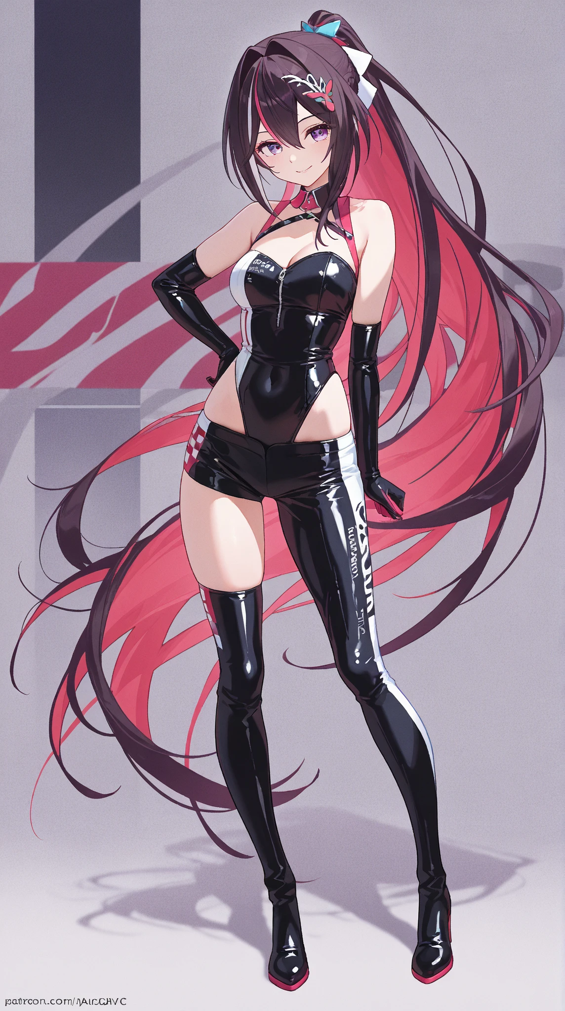 Girl in anime style in the form of a fox, with long red hair standing in tight latex underwear with her head down 
